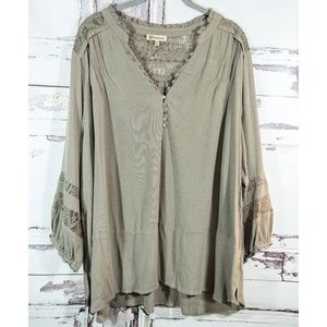 Democracy 2X Blouse Light Brown Tan Lace Inset